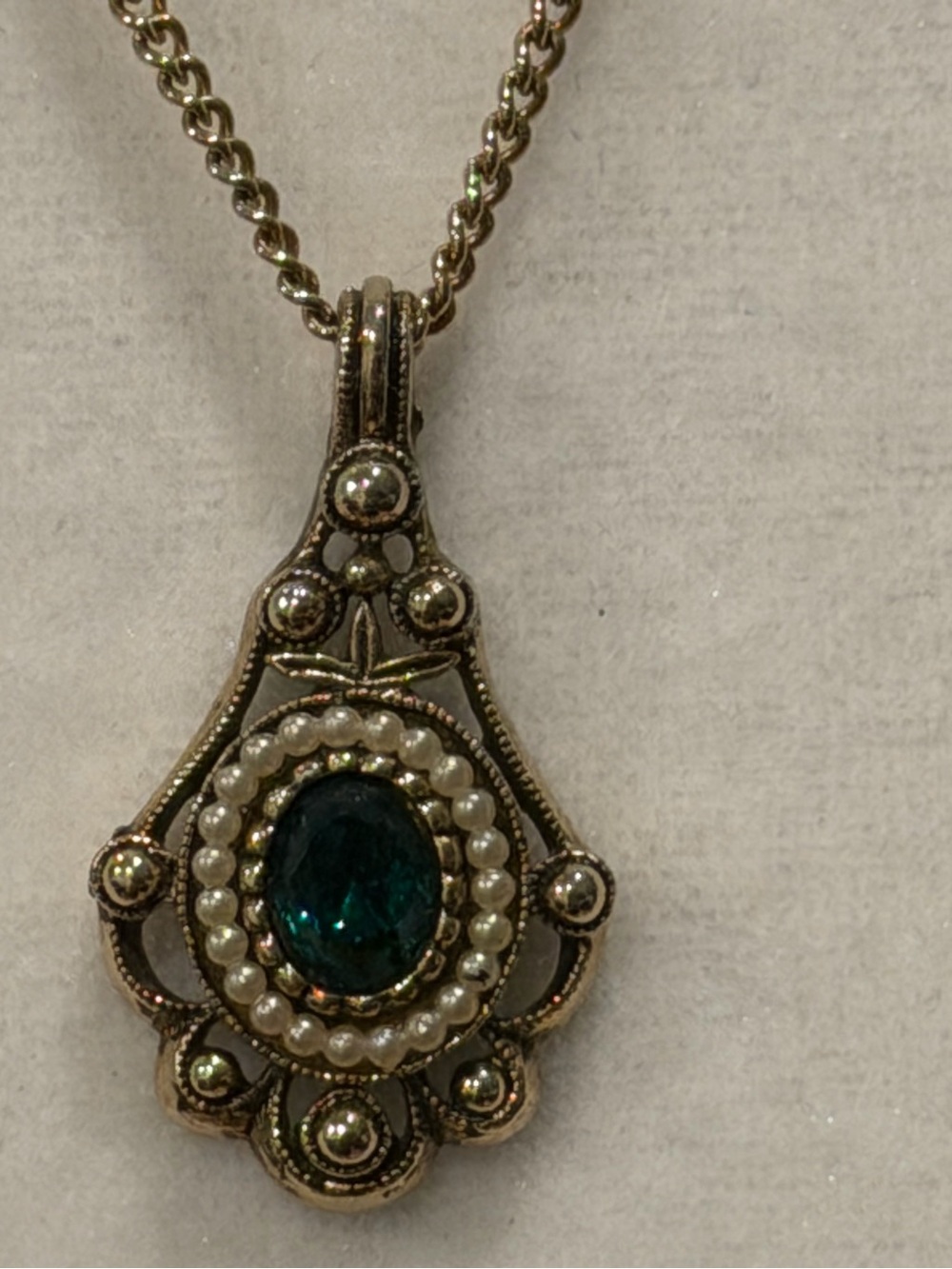 Green Victorian Necklace, Vintage Versailles Avon Necklace with Green Rhinestone